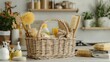 A basket filled with natural sponges, brushes, rags, and eco-friendly cleaning agents, set against a modern kitchen backdrop, aligning with the house cleaning concept