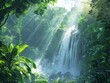 Rays of sunlight penetrate the dense canopy of a lush rainforest, creating a mystical atmosphere in this haven of biodiversity.