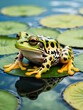 Vibrant green frog with orange spots resting on a water lily pad in a pond Generative AI