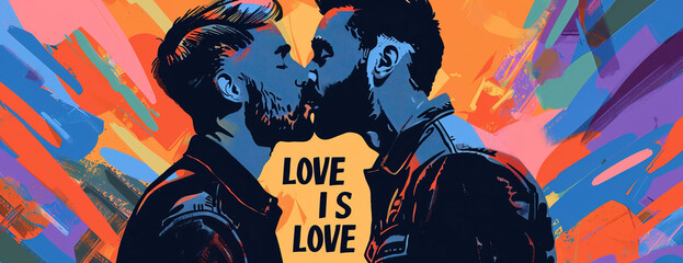 illustration banner with two men kissing. love is love conceptual banner for pride month