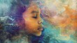 Ethereal young girl's face in transcendent meditation, stylized digital painting