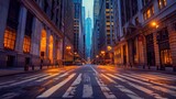 Fototapeta Uliczki - The quiet streets of a financial district just before dawn, with towering skyscrapers beginning to light b