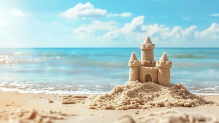 Wall Mural - Playful Sandcastle on Idyllic Beach Symbolizing Carefree Summer Vacation