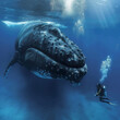 scuba diver swims with the giant whale underwater