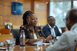 Horizontal photo people sitting at boardroom african business woman talking with staff at formal meeting briefing diverse client partners listens boss ceo team leader banner for website header design