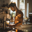 fit male model preparing his morning coffee early in the morning