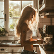 fit pretty female preparing her morning coffee early in the morning cozy kitchen