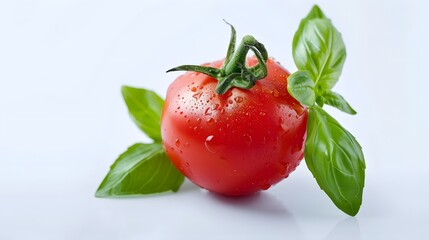 Wall Mural - Fresh red tomato with basil leaves isolated on white background