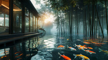 Asian Garden With Bamboo Trees And Pond With Goldfishes At Morning