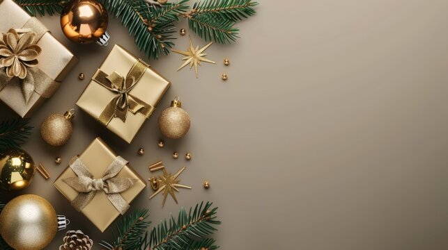 New Year banner with Christmas gift boxes and golden decorations on khaki background.