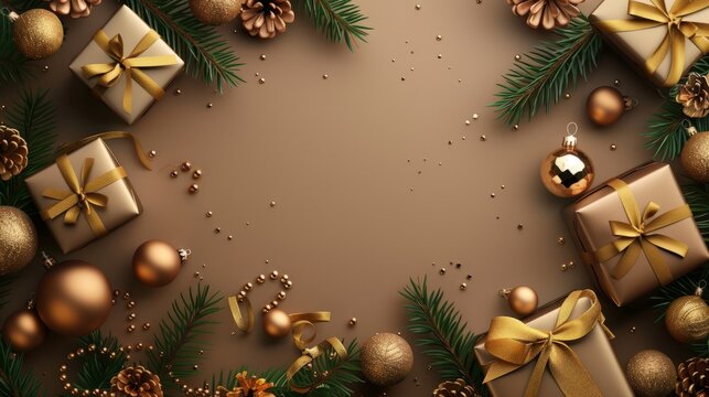 New Year banner with Christmas gift boxes and golden decorations on khaki background.
