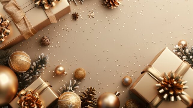 New Year banner with Christmas gift boxes and golden decorations on khaki background.