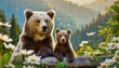 little brown bear and his mother in camomile field