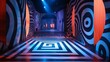 A stage design inspired by optical illusions, with patterns and shapes 