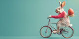 Fototapeta Kosmos -  a bunny in an orange jacket rides a bike with a basket full of easter egg.