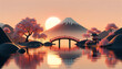 Tranquil Mount Fuji with Sakura and Red Bridge
