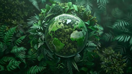 Poster - Lush green forest encircling glass globe, sustainability and environmental concept, digital illustration