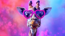 Whimsical Cartoon Giraffe Wearing Heart-shaped Sunglasses, Spreading Love And Positivity, Vibrant Digital Illustration