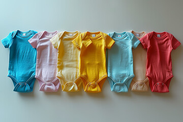 Sticker - Soft pastel-colored baby onesies isolated on a white background. Concept of infant care. Generative Ai.