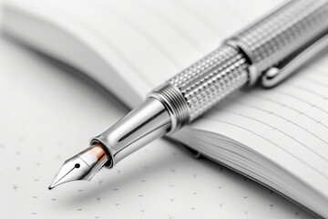 Poster - Sleek silver pen with an open notebook isolated on a white background. Concept of writing and creativity. Generative Ai.