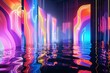 An immersive 3D illustration of abstract neon lights, offering a fluorescent glow and reflections on water, perfect for an exhibition background