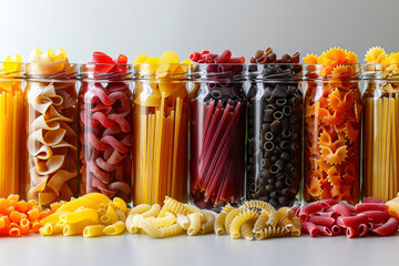 Canvas Print - Assorted pasta shapes in glass jars isolated on a white background. Concept of culinary diversity. Generative Ai.