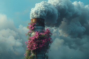 Sticker - Industrial smokestack with a crank on the side, emitting not smoke but blooming flowers. Concept of greening the environment. Generative Ai.