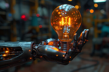 Poster - Glowing light bulb held by a robotic arm, emphasizing the fusion of technology and innovation. Concept of technological creativity. Generative Ai.