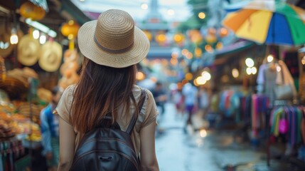 Young Asian woman traveler tourist walking at outdoor market in Bangkok in Thailand. People traveling, summer vacation and tourism