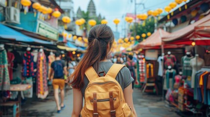 Young Asian woman traveler tourist walking at outdoor market in Bangkok in Thailand. People traveling, summer vacation and tourism