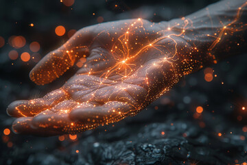 Poster - Human hand reaching towards a virtual handshake, illustrating the blend of physical and digital interactions. Concept of modern networking. Generative Ai.