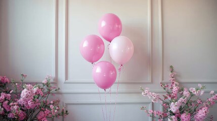 Wall Mural - Joyful Celebration: Festive Birthday Photozone with Pink Balloons and Ample Copy Space for Text