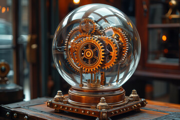 Poster - Interlocking gears within a crystal ball, showcasing the fusion of foresight and machinery. Concept of mechanical divination. Generative Ai.