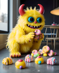 Wall Mural - Cute little yellow monster with and candies, for ilustrations design, for 3d design, for characters design.