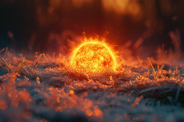 Wall Mural - A scorching sun radiating heat onto a field covered with frost, illustrating the delicate equilibrium between fire and ice. Concept of celestial balance. Generative Ai.