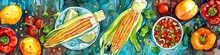 Colorful Watercolor Painting Depicting Corn On The Cob And Peppers On A Festive Cinco De Mayo Table. Banner. 