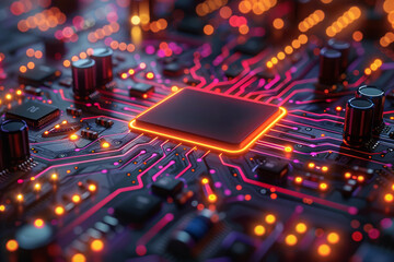 Poster - a grayscale circuit board evolving into a network of colorful connections, symbolizing the intricate