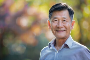 A man with a smile on his face is standing in front of a tree