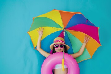 Wall Mural - kid hold  rainbow umbrella,wearing pool float and summer hat,sunglass 