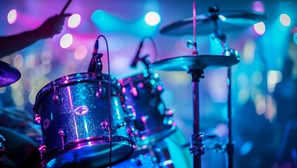 Wall Mural - A musician is entertaining the crowd at a concert by playing a purple membranophone and idiophone musical instrument, including drums and cymbals