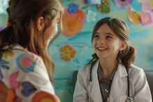 Two Little Girls Are Playing Dressup, One Dressed As A Doctor And The Other Smiles Happily. They Are Sharing A Moment Of Fun And Friendship During A Leisurely Event