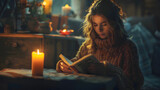 Fototapeta  - Beautiful woman sits with eyes closed holding a book in candlelit living room at night, enjoying quiet moment.