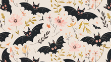A Pattern Of Bats And Flowers On A White Background