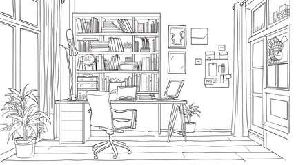 Wall Mural - a black and white drawing of a room with a desk