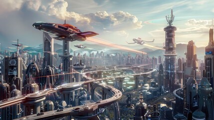 Wall Mural - An aerial view of a futuristic city pulsating with digital connections and global trade. 