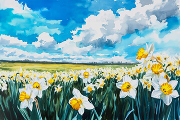 Wall Mural - A field of yellow daffodils with a blue sky in the background