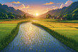 © M. Faisal Riza - Rice fields with yellowing rice fields and the river with a backdrop of mountains at sunset on a calm afternoon. In anime style