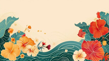 Asian waves and tropical flowers, banner for AAPI in may