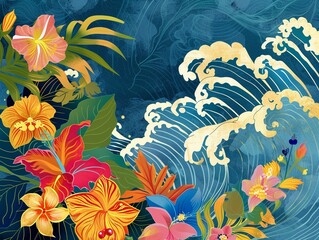 Wall Mural - Asian waves and tropical flowers, banner for AAPI in may