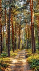 Pine forest panorama in summer. Pathway in the park